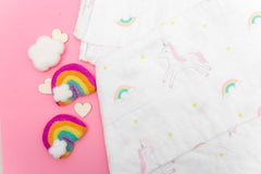 Luxury Muslin Swaddle Blanket - Rainbow Unicorns - Little Kims